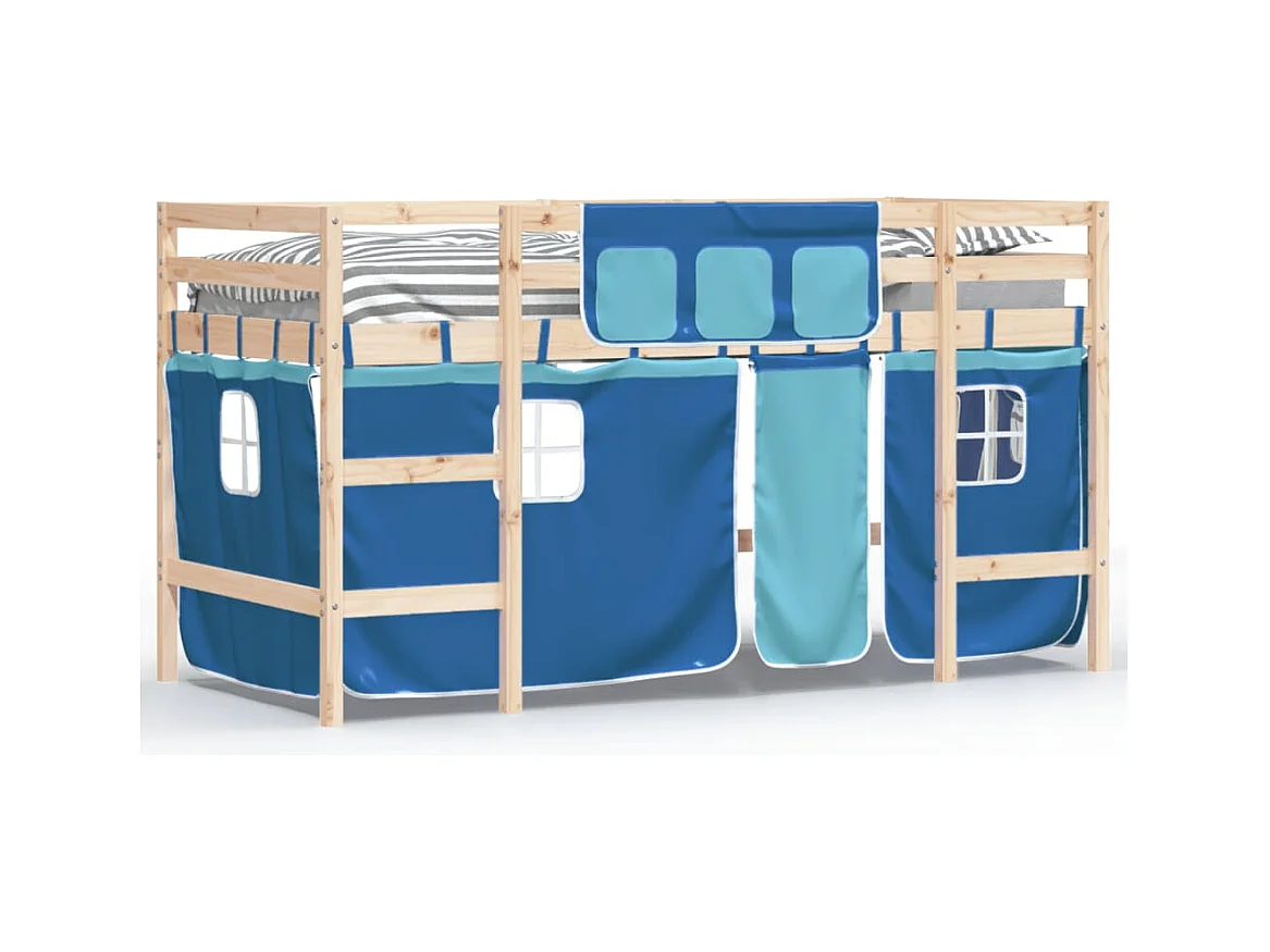 Lit mezzanine enfants et rideaux bleu 90x190 bois pin massif