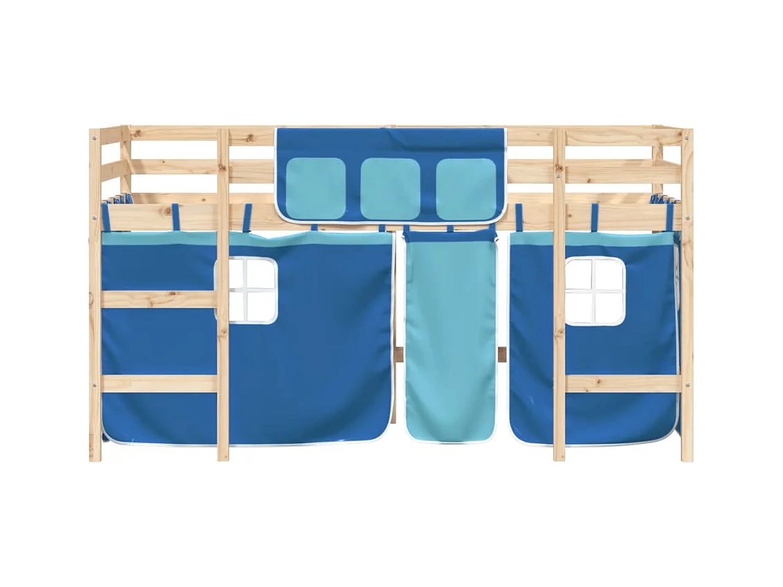 Lit mezzanine enfants et rideaux bleu 90x190 bois pin massif