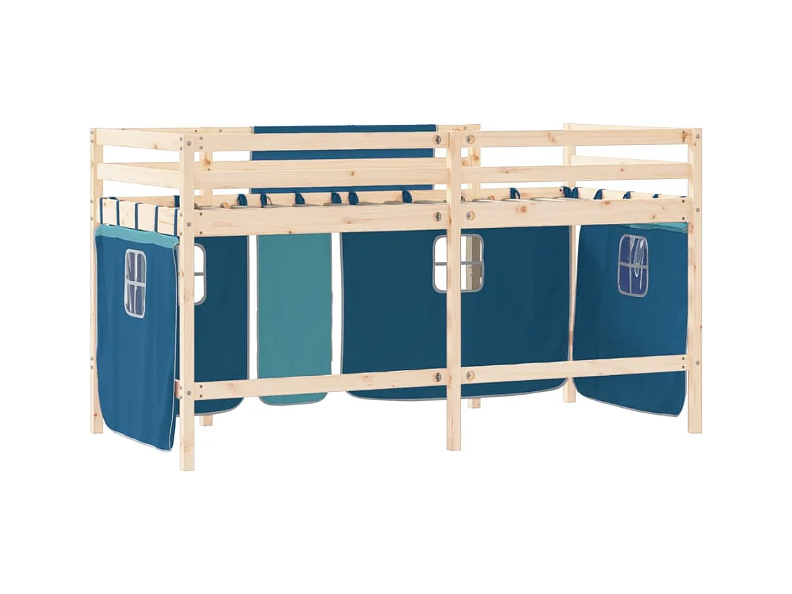 Lit mezzanine enfants et rideaux bleu 90x190 bois pin massif