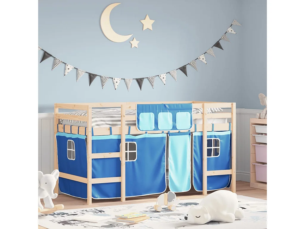 Lit mezzanine enfants et rideaux bleu 90x190 bois pin massif