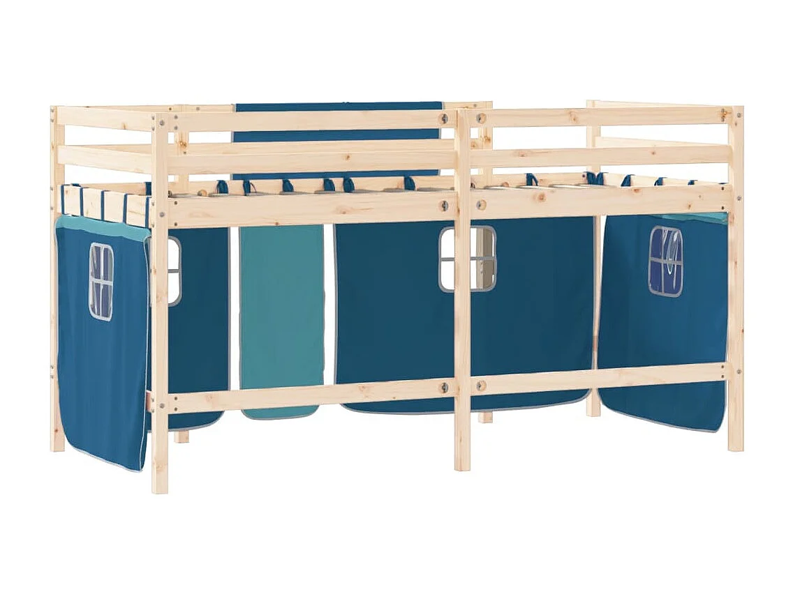 Lit mezzanine enfants et rideaux bleu 90x190 bois pin massif