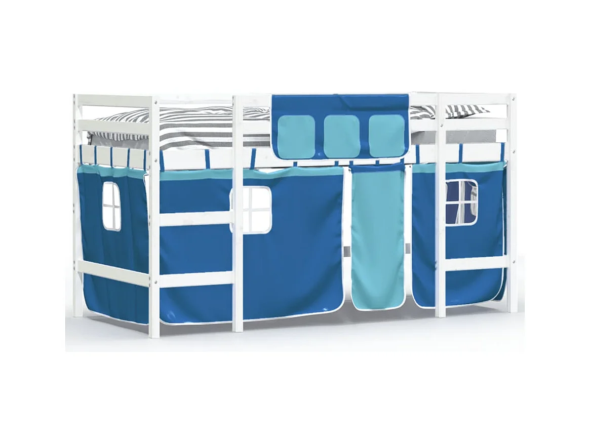 Lit mezzanine enfants et rideaux bleu 90x190 bois pin massif