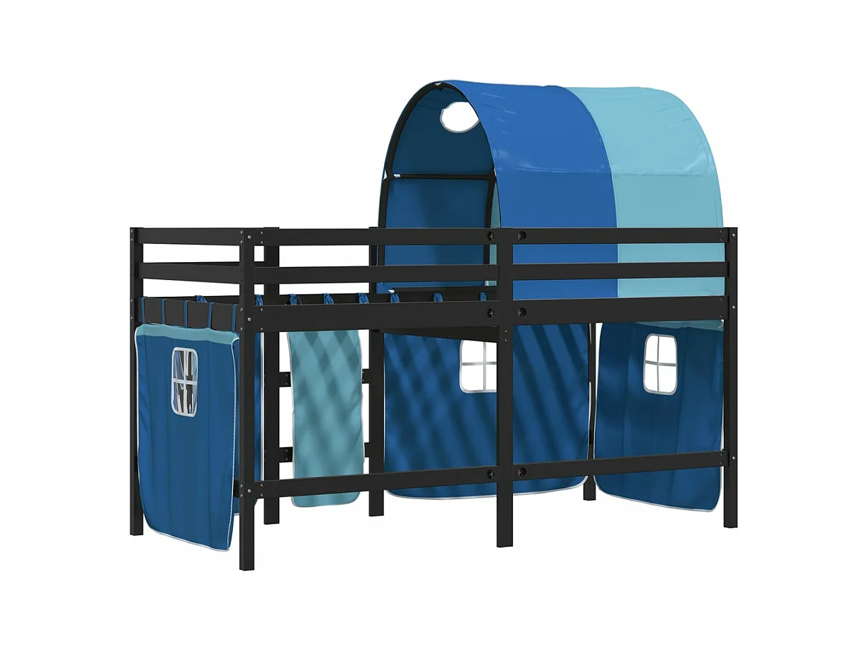 Lit mezzanine enfants et tunnel bleu 90x200 bois pin massif