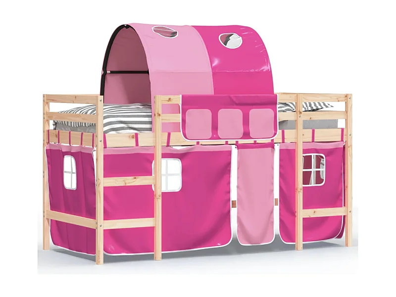 Lit mezzanine enfants avec tunnel rose 80x200 bois pin massif