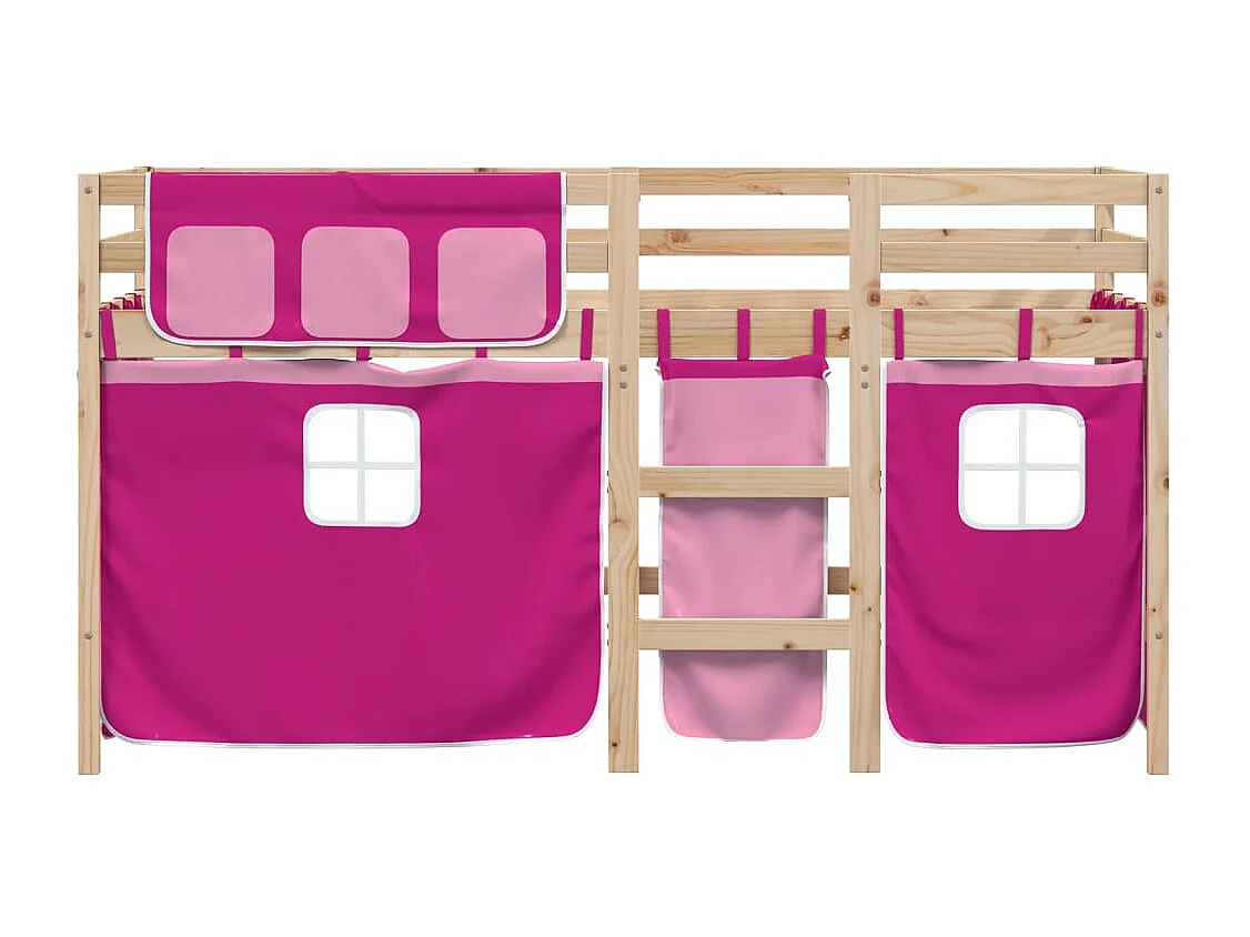 Lit mezzanine enfants et rideaux rose 80x200 bois pin massif