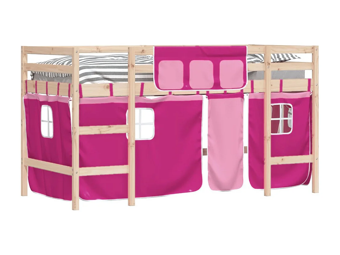 Lit mezzanine enfants et rideaux rose 90x190 bois pin massif