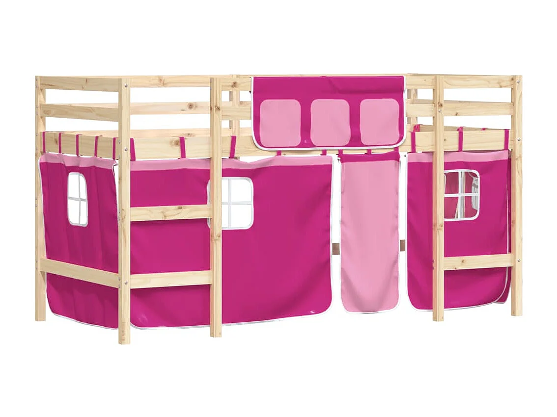 Lit mezzanine enfants et rideaux rose 90x190 bois pin massif