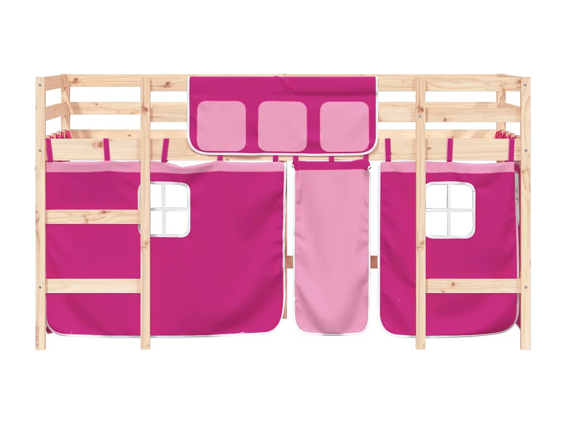 Lit mezzanine enfants et rideaux rose 90x190 bois pin massif