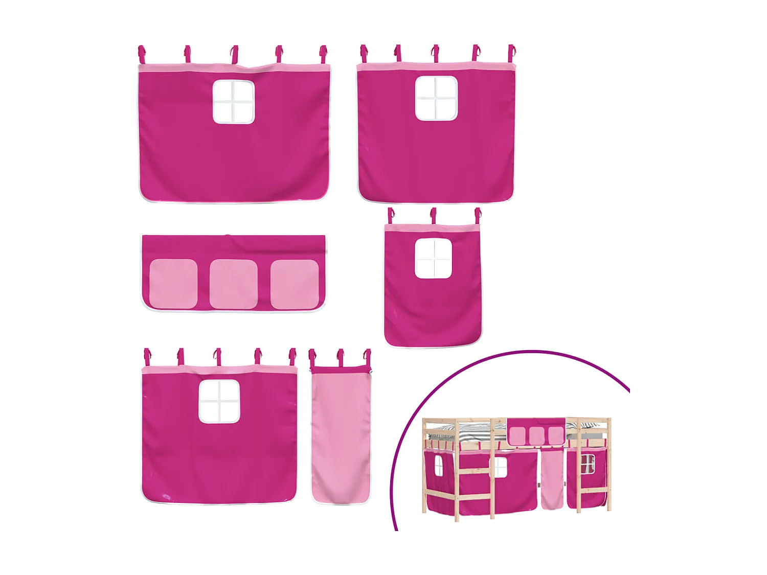 Lit mezzanine enfants et rideaux rose 90x190 bois pin massif