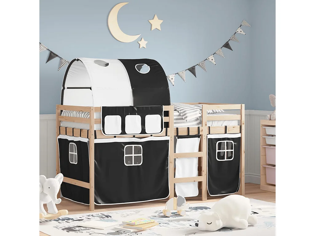 Lit mezzanine enfants et tunnel blanc-noir 90x200 pin massif