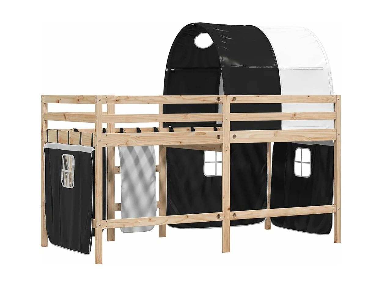 Lit mezzanine enfants et tunnel blanc-noir 90x200 pin massif