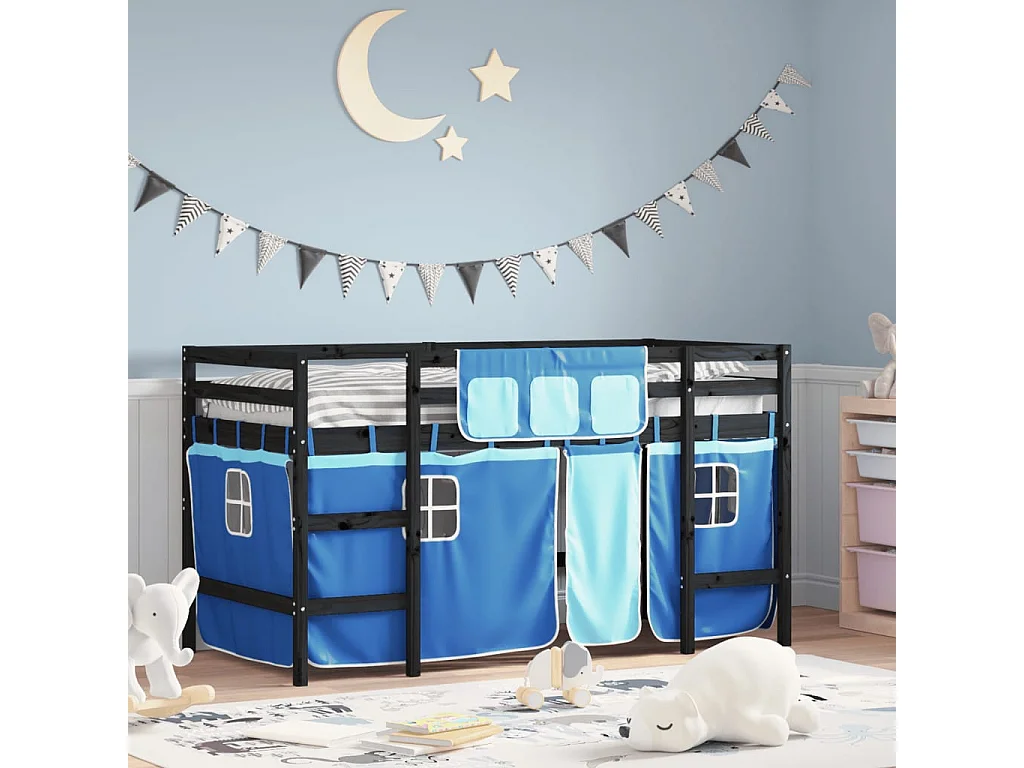 Lit mezzanine enfants et rideaux bleu 80x200 bois pin massif
