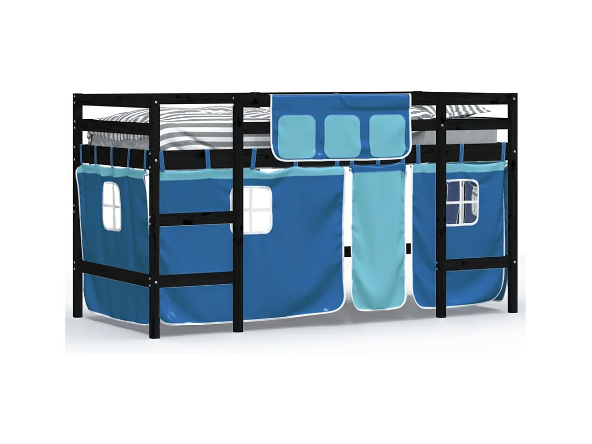 Lit mezzanine enfants et rideaux bleu 80x200 bois pin massif