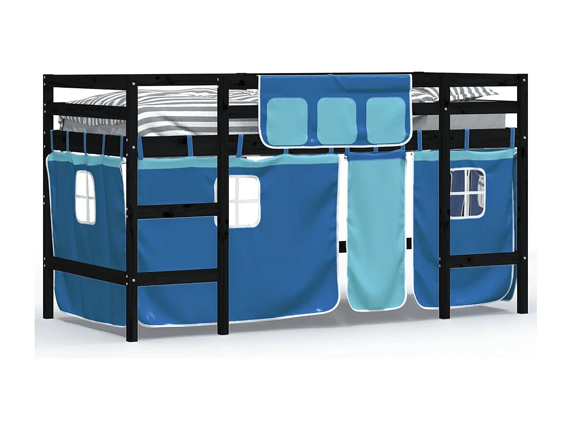 Lit mezzanine enfants et rideaux bleu 80x200 bois pin massif