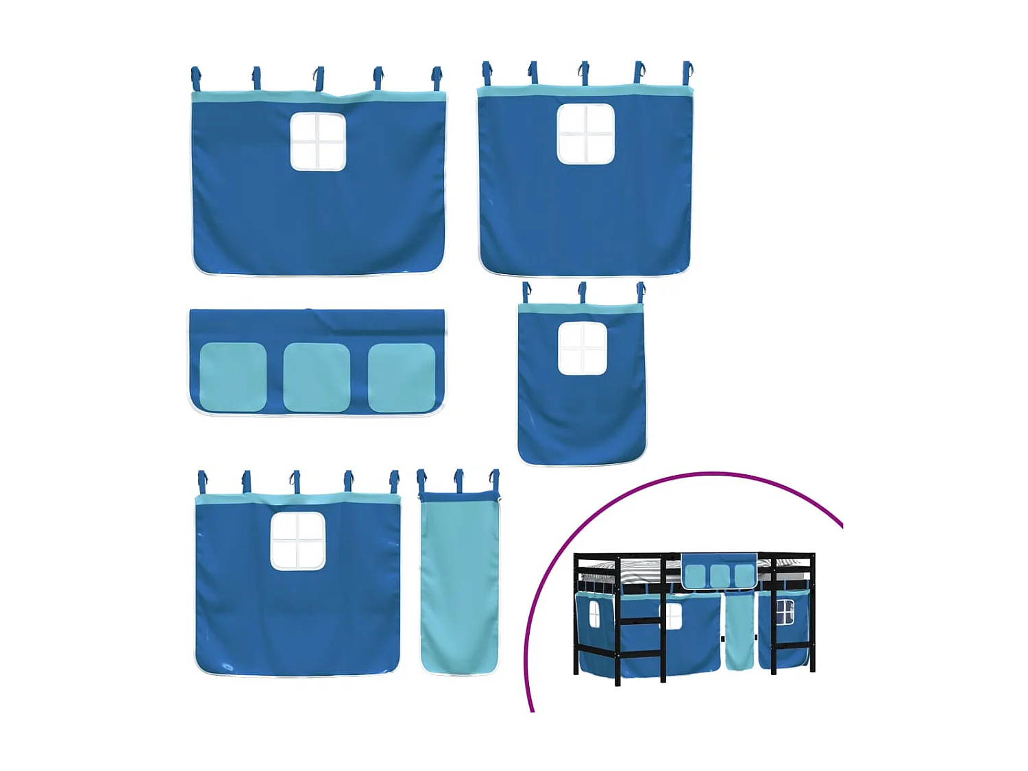 Lit mezzanine enfants et rideaux bleu 80x200 bois pin massif