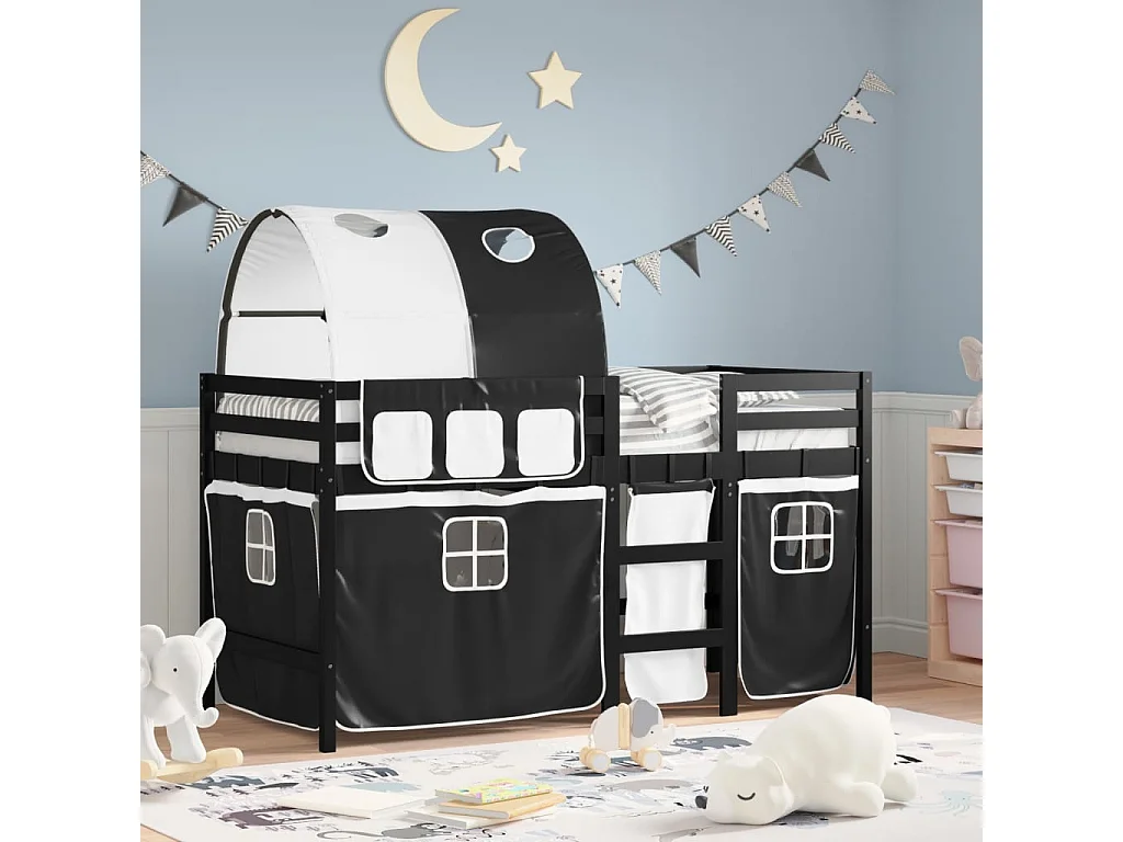 Lit mezzanine enfants et tunnel blanc-noir 80x200 pin massif