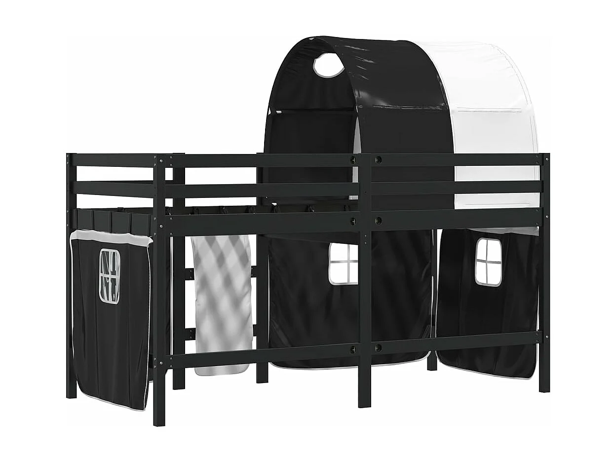 Lit mezzanine enfants et tunnel blanc-noir 80x200 pin massif
