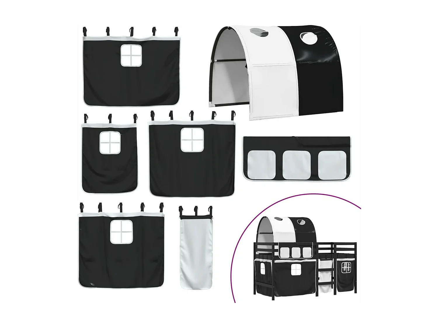 Lit mezzanine enfants et tunnel blanc-noir 80x200 pin massif