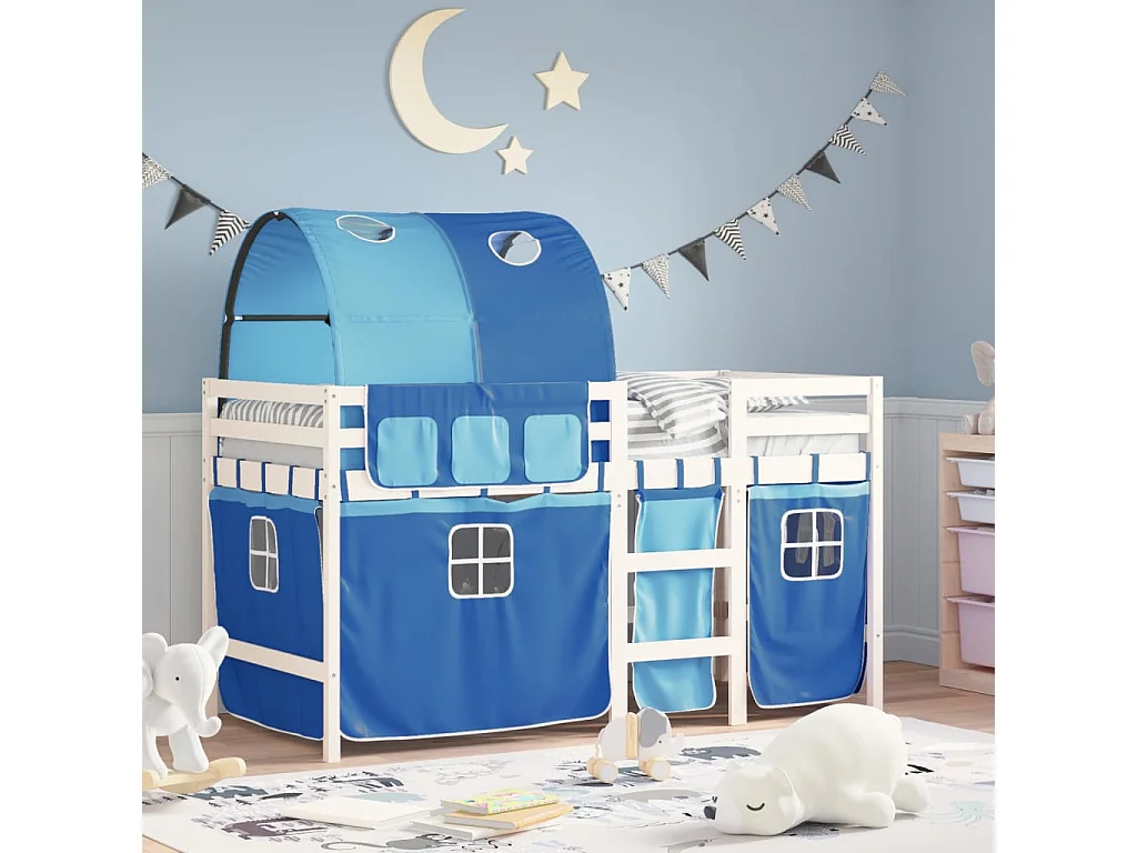 Lit mezzanine enfants et tunnel bleu 90x200 bois pin massif