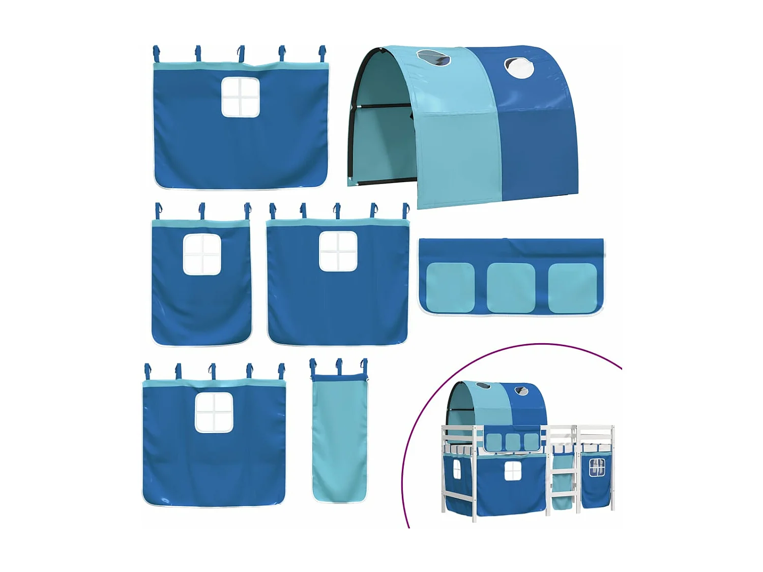 Lit mezzanine enfants et tunnel bleu 90x200 bois pin massif