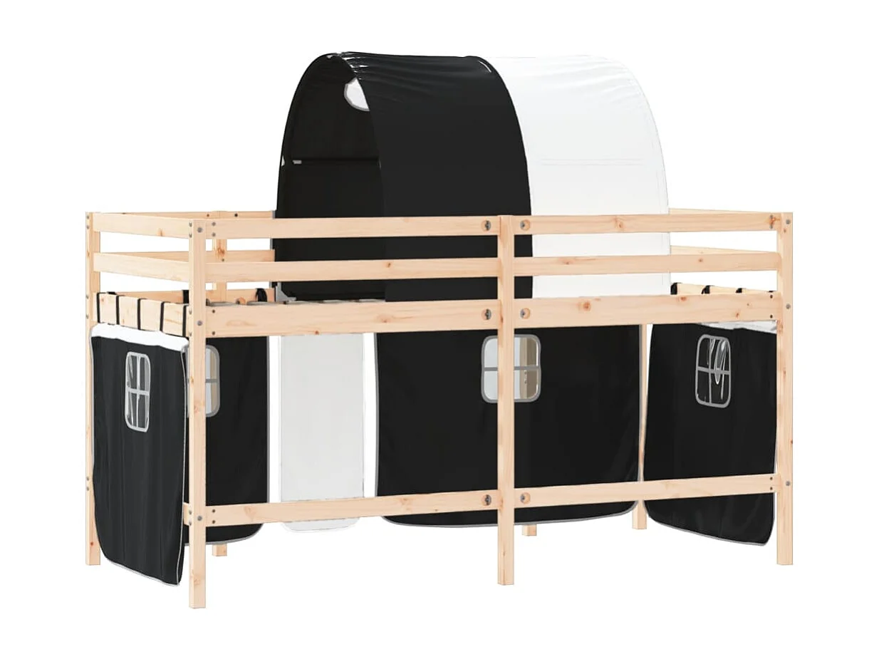 Lit mezzanine enfants et tunnel blanc-noir 90x200 pin massif