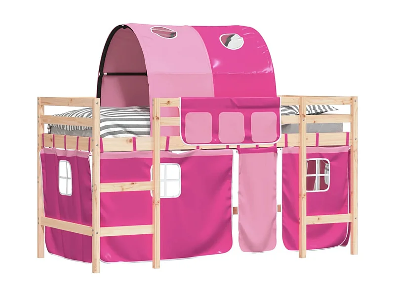 Lit mezzanine enfants avec tunnel rose 90x200 bois pin massif