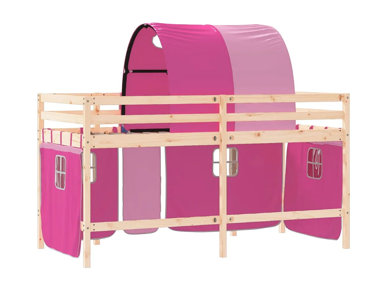 Lit mezzanine enfants avec tunnel rose 90x200 bois pin massif