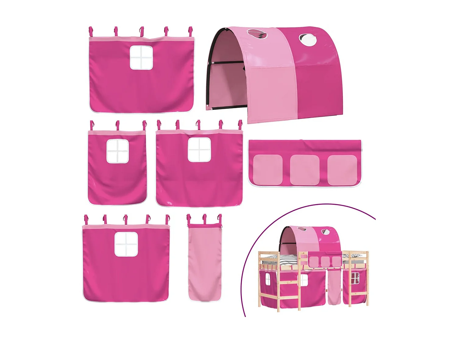 Lit mezzanine enfants avec tunnel rose 90x200 bois pin massif