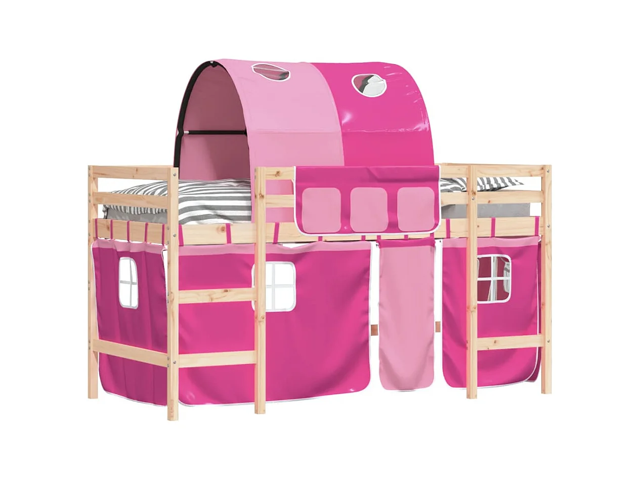 Lit mezzanine enfants avec tunnel rose 90x200 bois pin massif