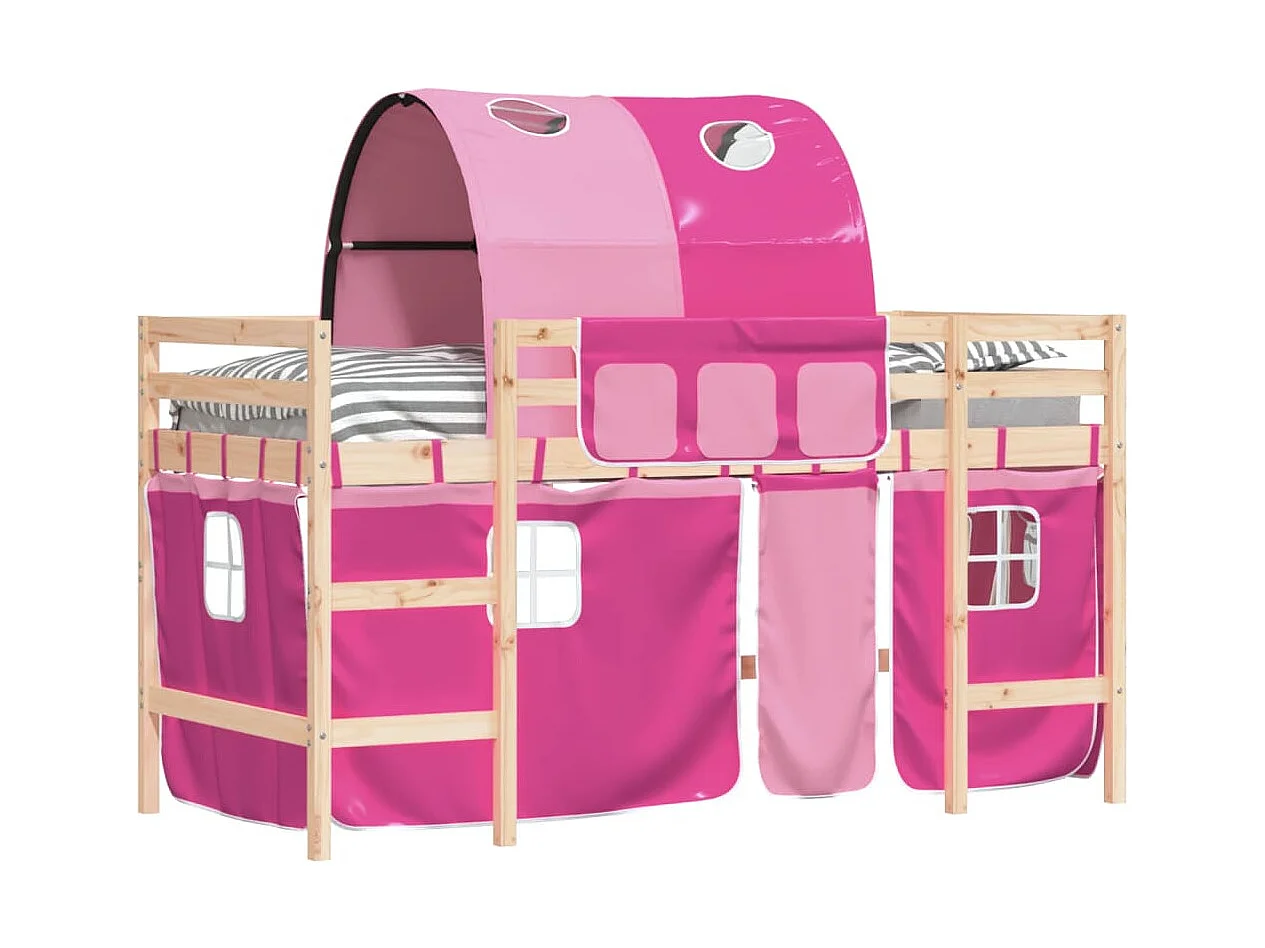 Lit mezzanine enfants avec tunnel rose 90x200 bois pin massif
