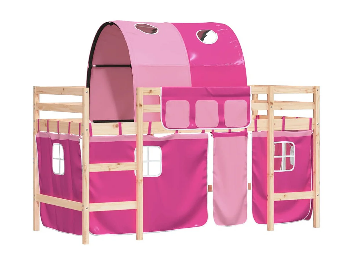 Lit mezzanine enfants avec tunnel rose 90x200 bois pin massif