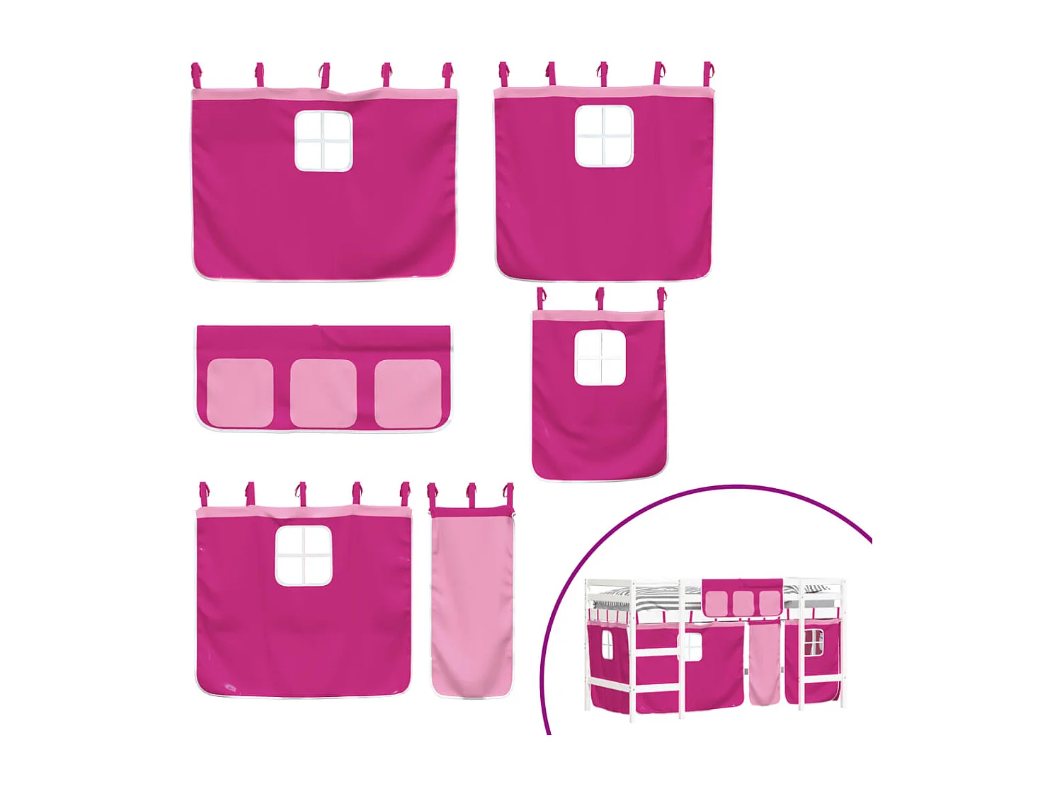 Lit mezzanine enfants et rideaux rose 90x190 bois pin massif