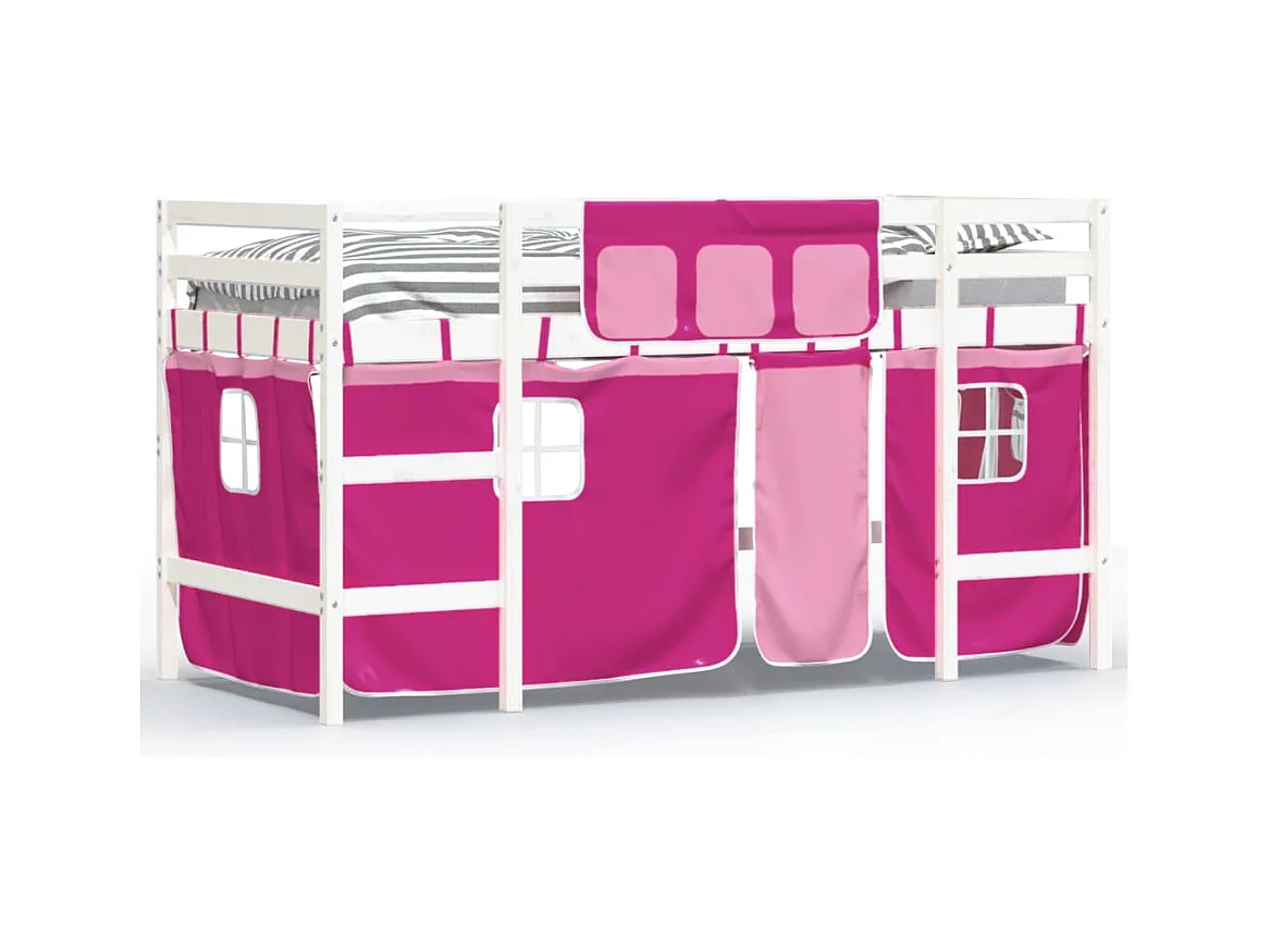Lit mezzanine enfants et rideaux rose 90x190 bois pin massif