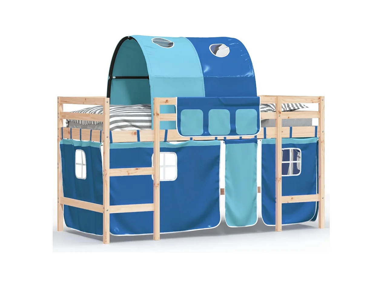 Lit mezzanine enfants avec tunnel bleu 90x190 bois pin massif