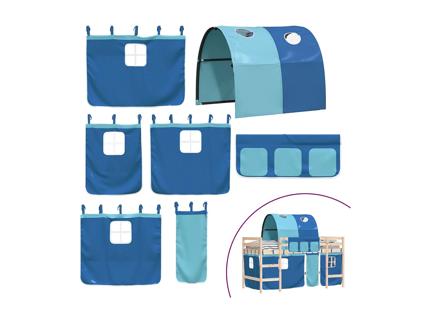 Lit mezzanine enfants avec tunnel bleu 90x190 bois pin massif