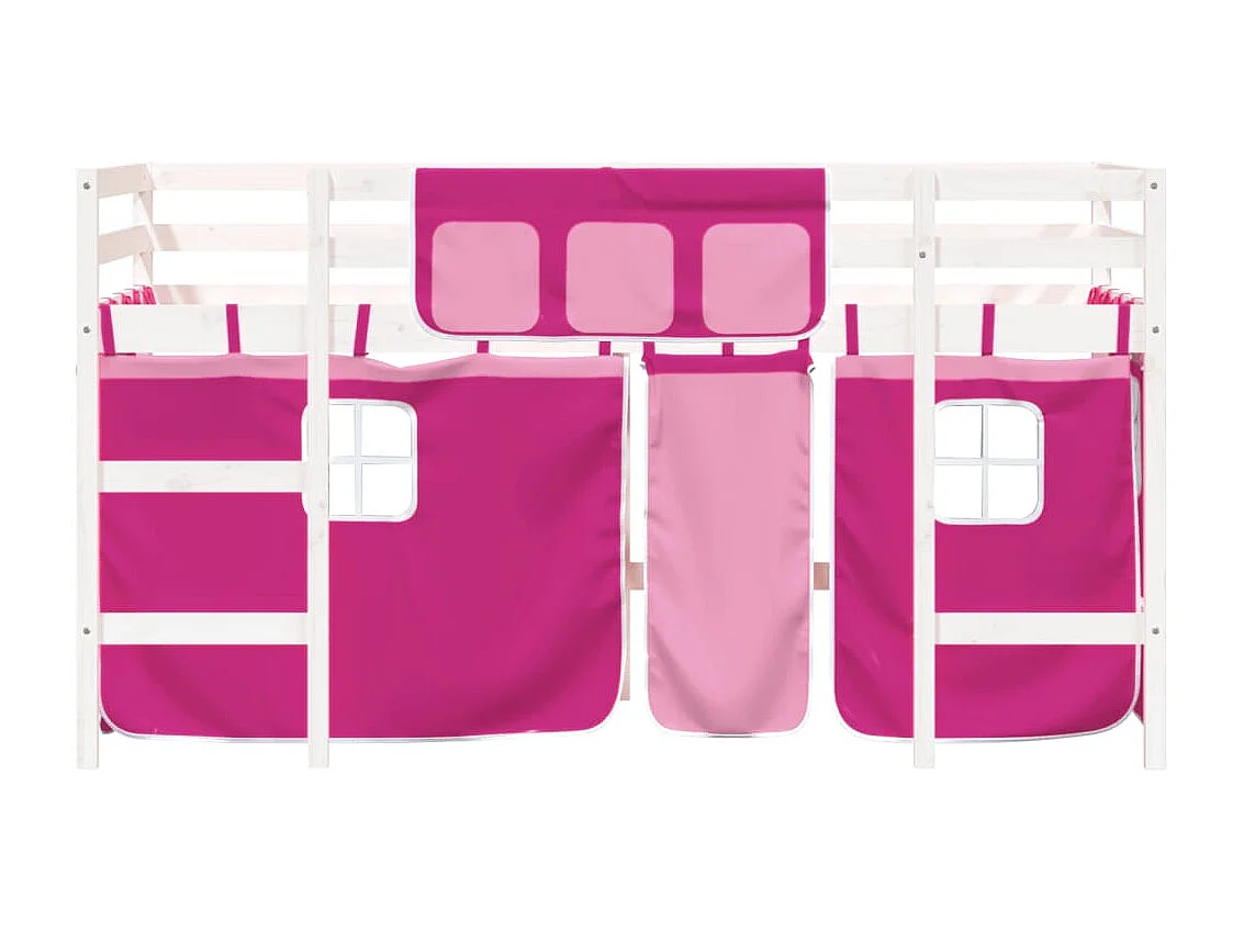 Lit mezzanine enfants et rideaux rose 90x200 bois pin massif