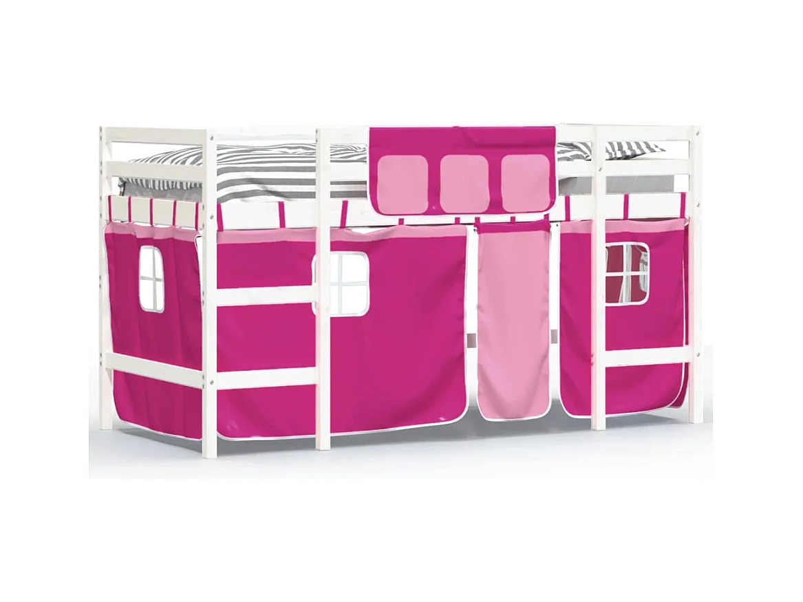 Lit mezzanine enfants et rideaux rose 90x200 bois pin massif