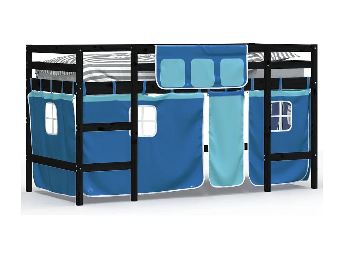 Lit mezzanine enfants et rideaux bleu 90x200 bois pin massif