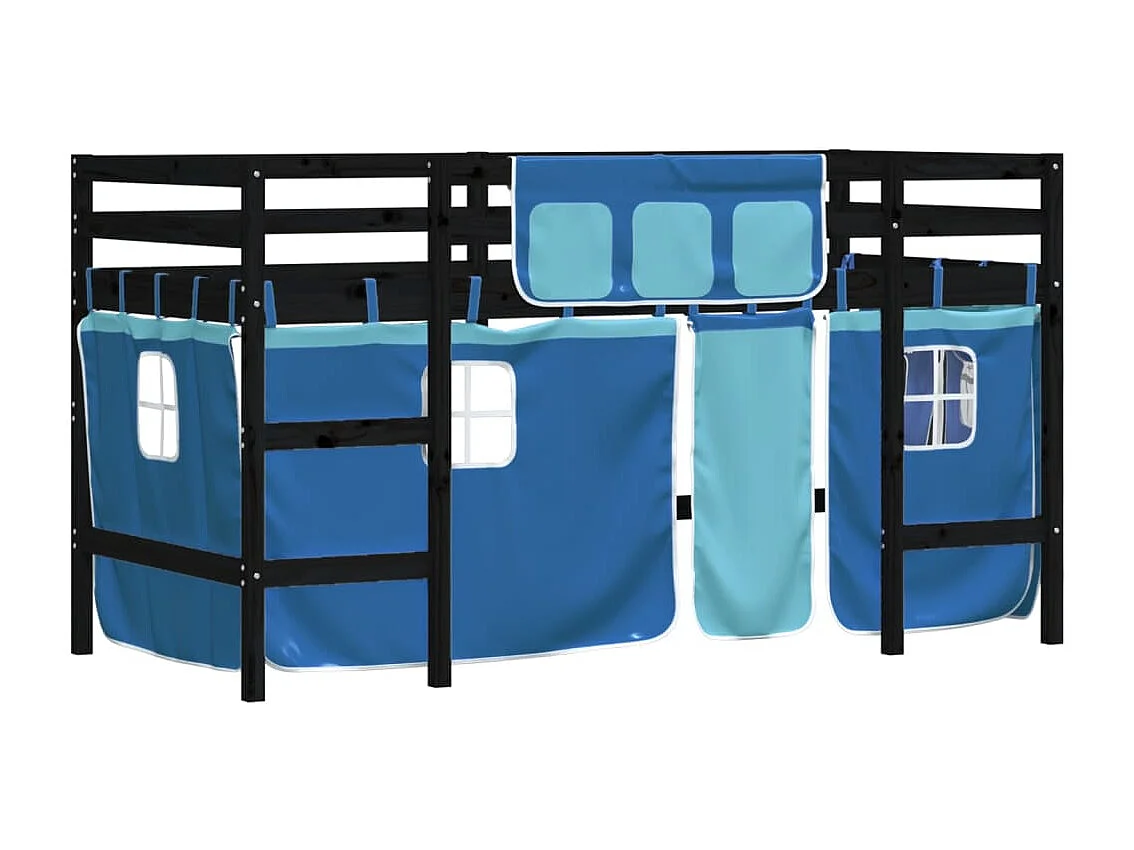 Lit mezzanine enfants et rideaux bleu 90x200 bois pin massif