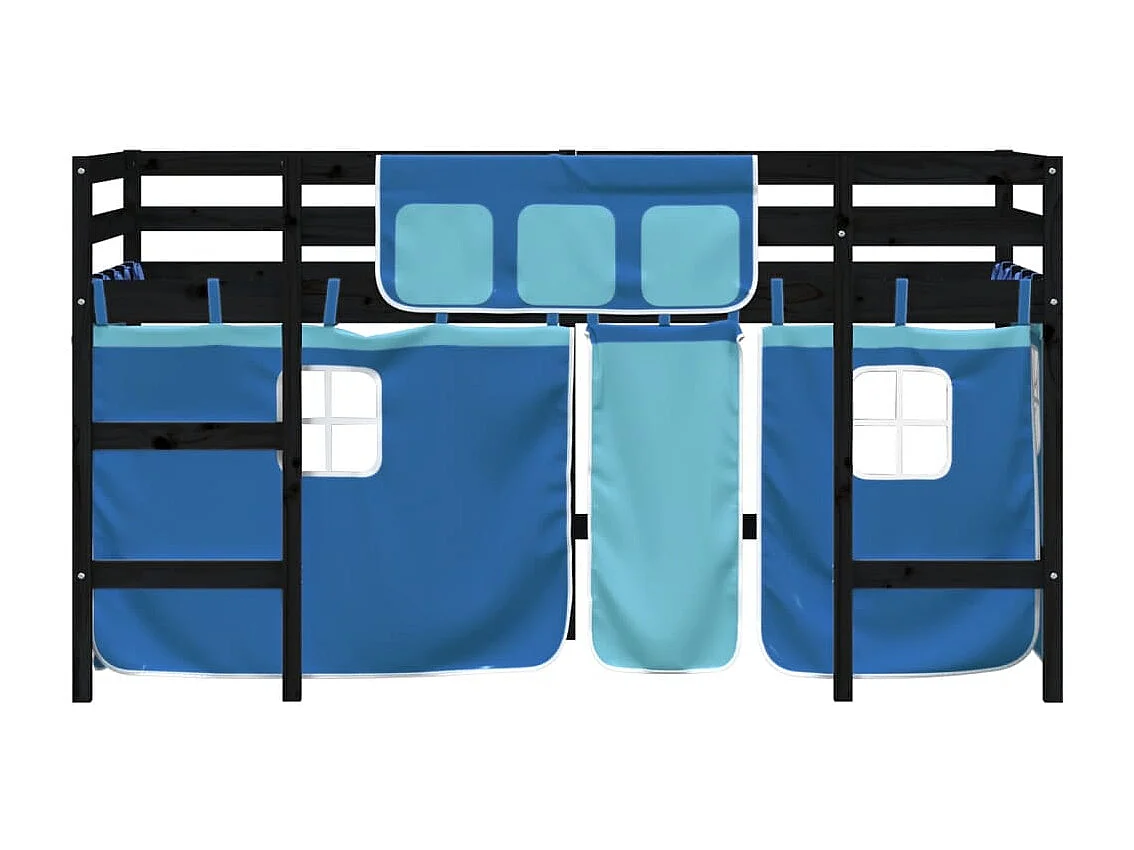 Lit mezzanine enfants et rideaux bleu 90x200 bois pin massif