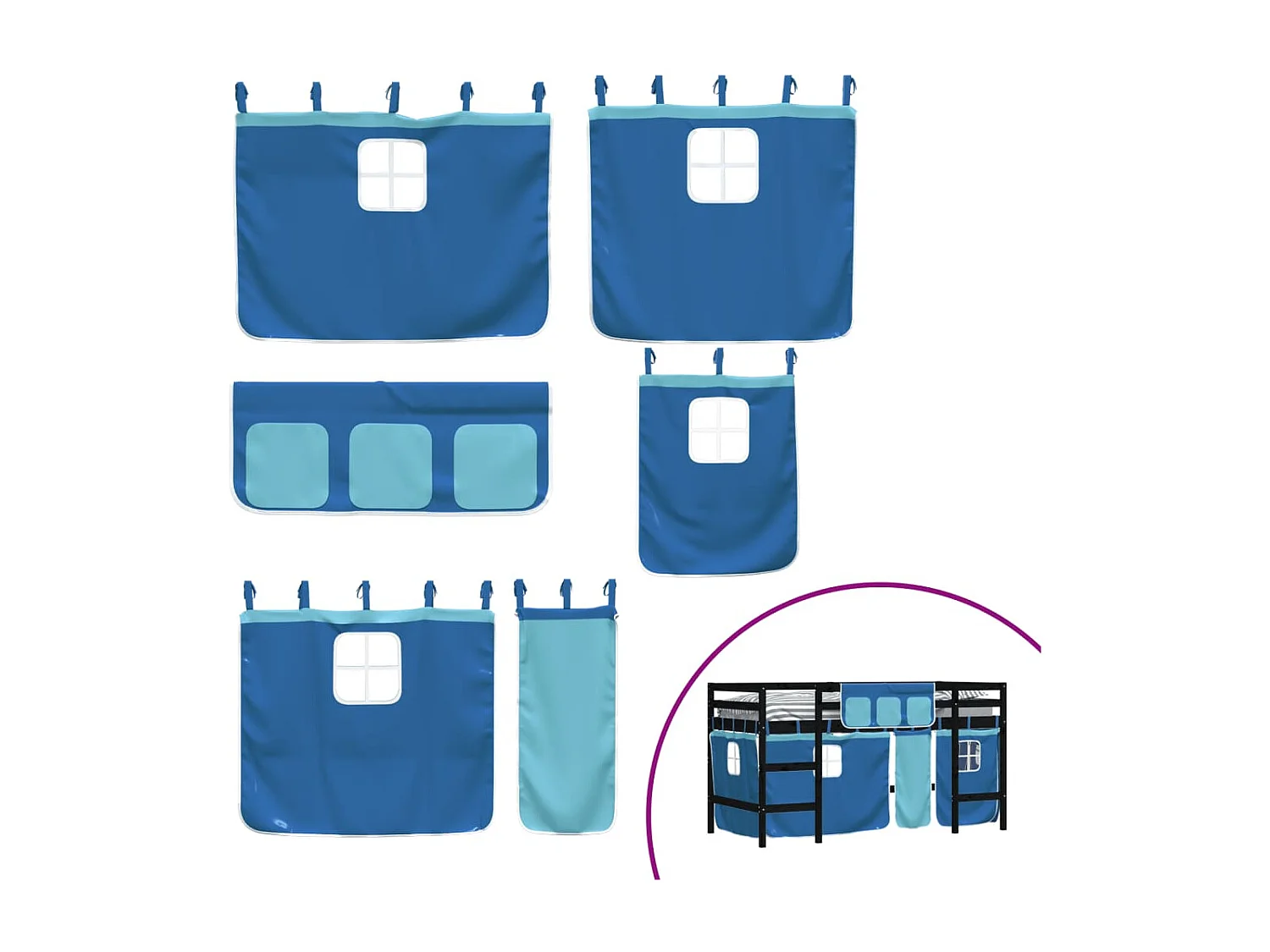 Lit mezzanine enfants et rideaux bleu 90x200 bois pin massif