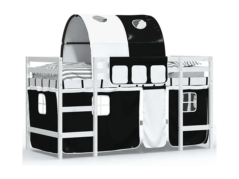 Lit mezzanine enfants et tunnel blanc-noir 90x200 pin massif