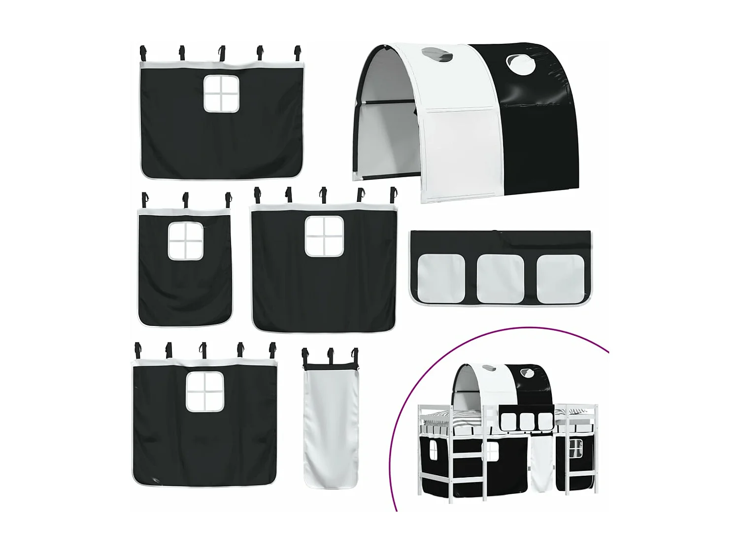 Lit mezzanine enfants et tunnel blanc-noir 90x200 pin massif