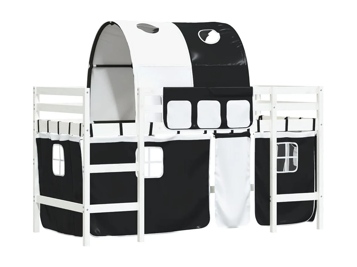 Lit mezzanine enfants et tunnel blanc-noir 90x200 pin massif