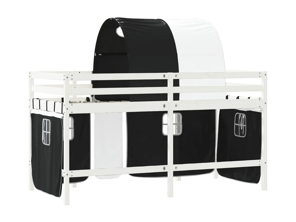 Lit mezzanine enfants et tunnel blanc-noir 90x200 pin massif