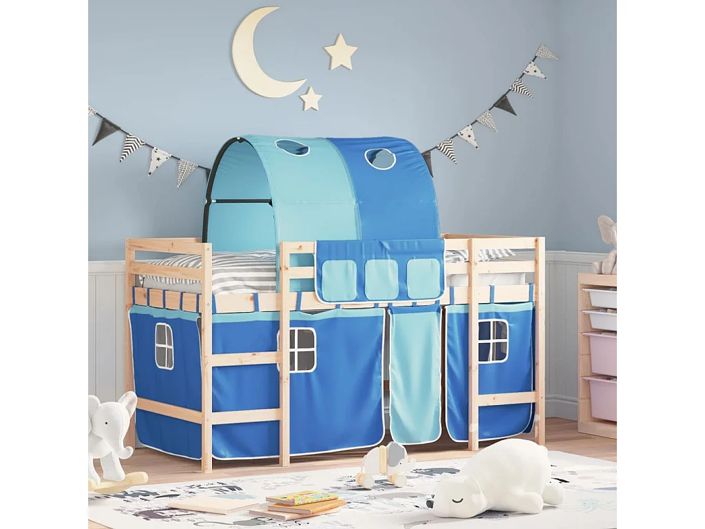 Lit mezzanine enfants avec tunnel bleu 80x200 bois pin massif