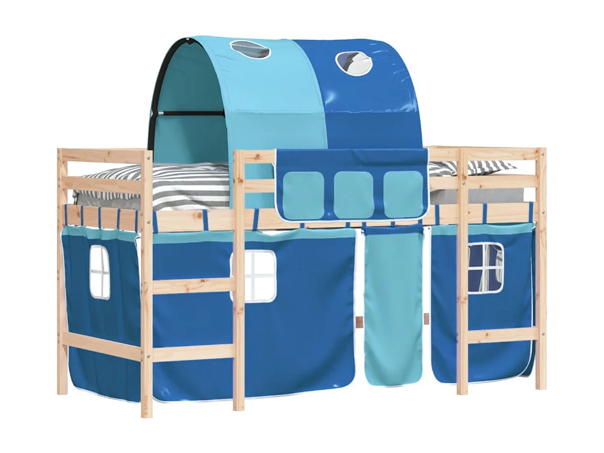 Lit mezzanine enfants avec tunnel bleu 80x200 bois pin massif
