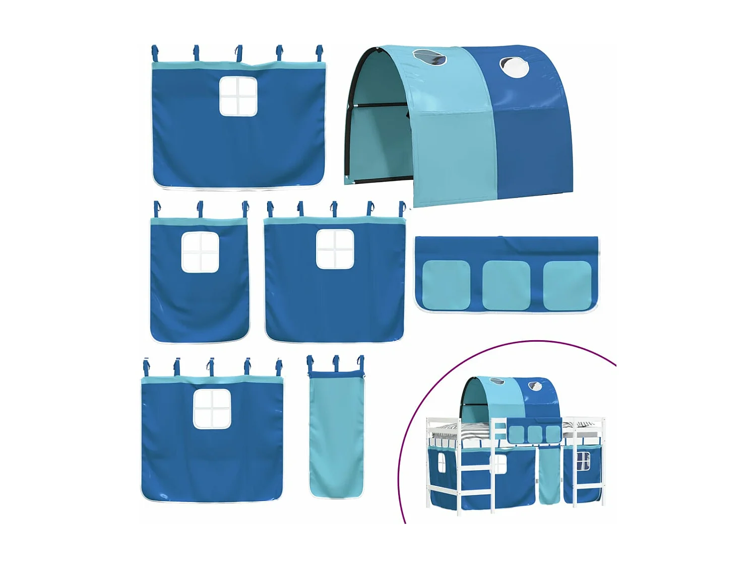 Lit mezzanine enfants et tunnel bleu 90x190 bois pin massif