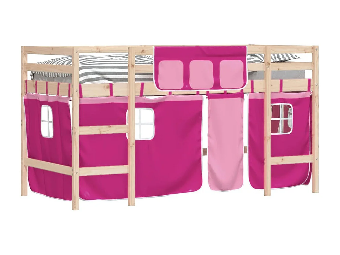 Lit mezzanine enfants et rideaux rose 90x200 bois pin massif