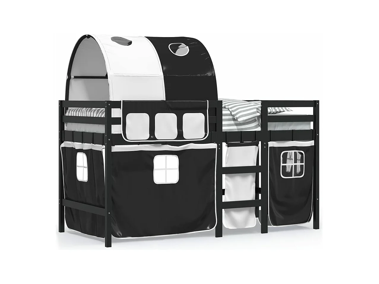 Lit mezzanine enfants et tunnel blanc-noir 90x200 pin massif